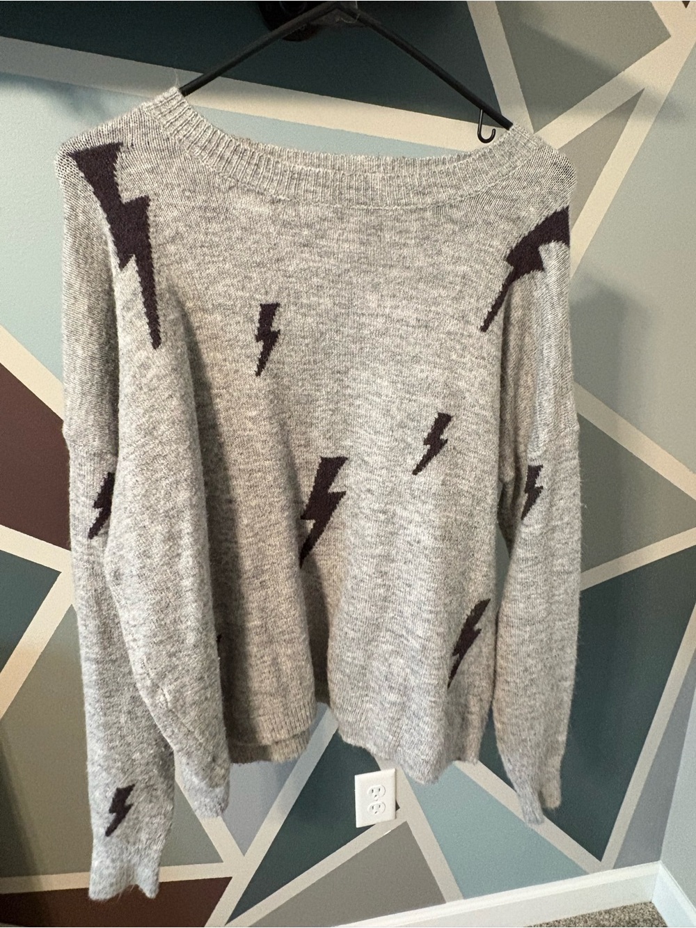 eesome Gray Sweater with Black Lightning Bolt Pattern